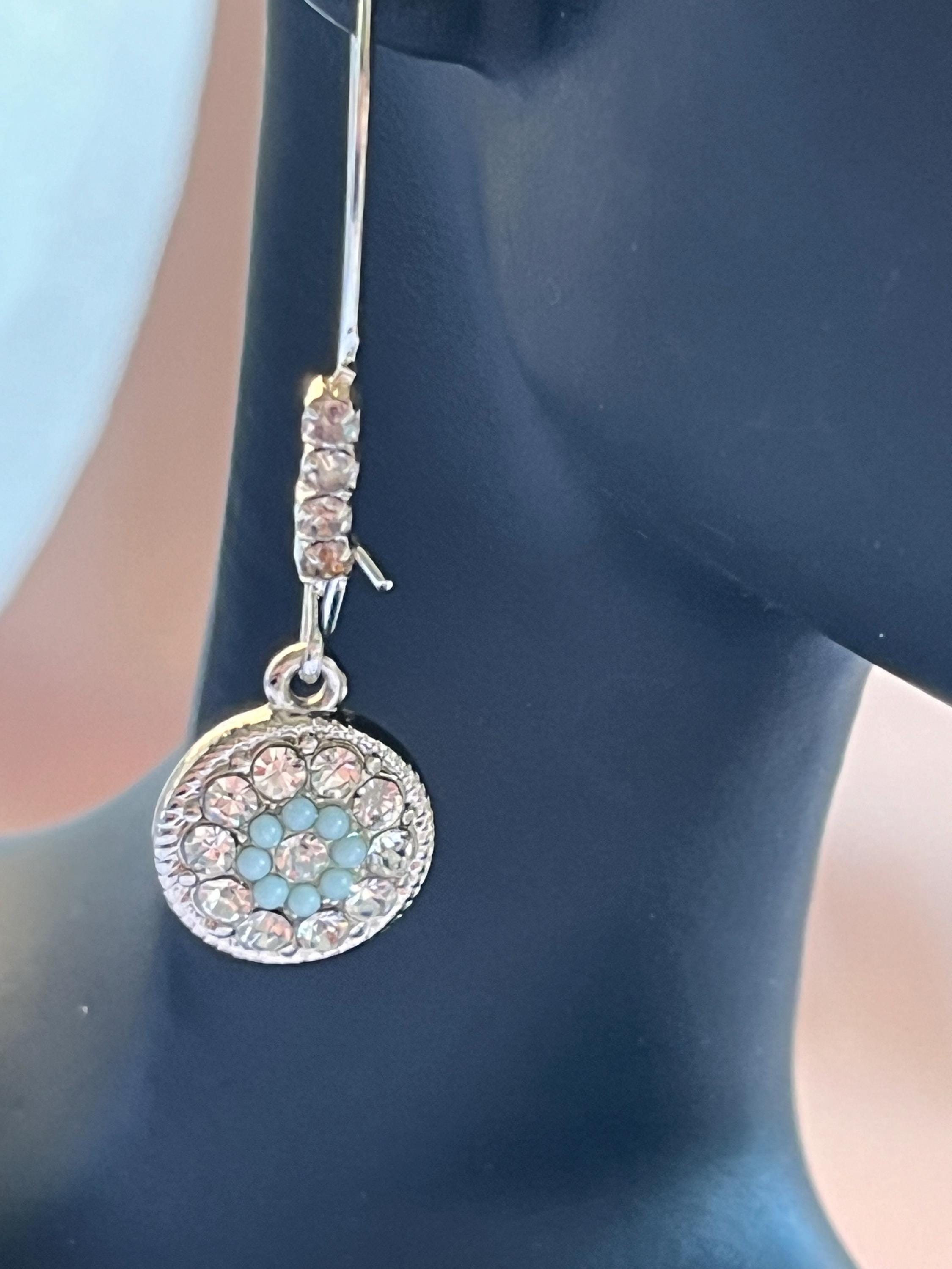 Boucles D'oreilles Pendantes Strass Bleu - Base En Forme De 8, Neuves Sans Emballage