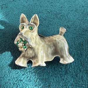 Vintage Hollywood Brooch Enamel Dog with Green Rhinestones  Terrier Dog Pin with Grey Enamel Scottie Dog Rare