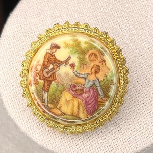 Vintage Limoge Rococo Style Brooch with Romantic Couple on Gold Tone