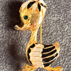 Vintage Duckling Brooch Black and Cream Enamel on Gold Tone Metal Duck Pin