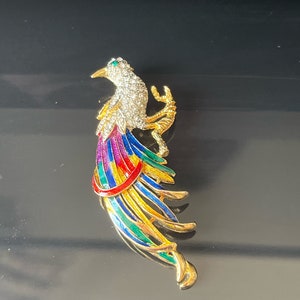 Bird of Paradise Crystal Brooch with Red, Green, Blue and Gold Enamel on Gold Tone Vintage