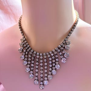 Vintage Waterfall Drop Necklace in Clear Rhinestone  Fringe Choker