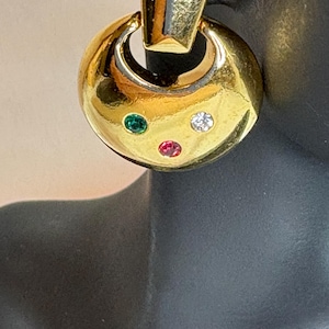 Vintage Gold Tone Circle Drop Earrings: Red, Green, Clear Rhinestones
