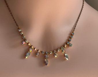 Vintage Aurora Borealis Rhinestone Necklace with Marquise Crystal Drops on Gold Tone