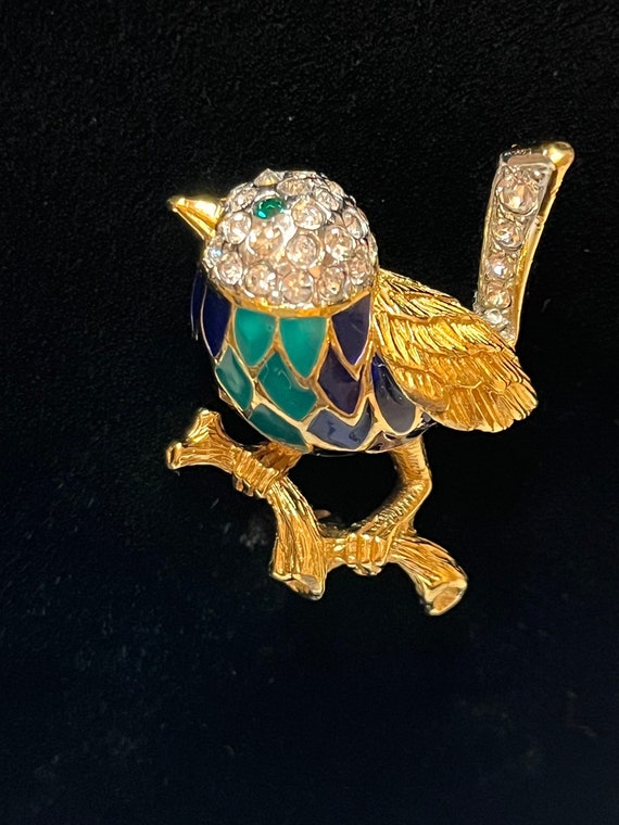 Attwood Sawyer Vintage Robin Brooch Swarovski Crystal 22ct