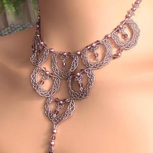 Statement Necklace with a Lacy Drop  Handmade Orchid Mauve Seed Beads and Swarovski Crystals