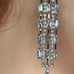 Statement Baguette Rhinestone Drop Earrings with Tassels Vintage for Pierced Ears  Silver Tone Metal