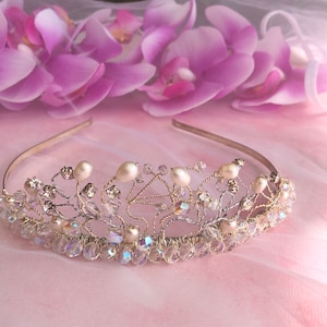 Freshwater Pearl Bridal Tiara with Diamante’ and Aurora Borealis Crystal