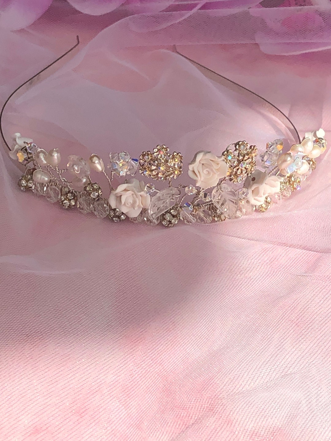 Tiara de novia floral con cristal de Swarovski rosas de Etsy España