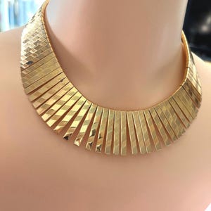 Cleopatra Statement Gold Tone Necklace  Egyptian Style Patterned Fan Collar with Textured Links