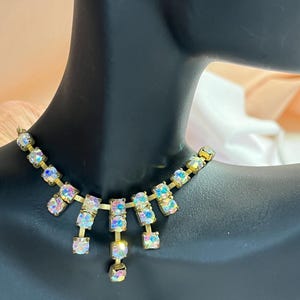 Vintage Aurora Borealis Rhinestone Necklace with Aurora Borealis Drop  Crystals on Silvery Tone Chain
