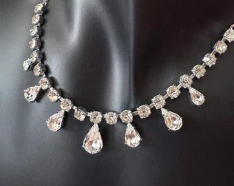 Vintage Rhinestone Teardrop Choker Necklace, Silver Tone Chain