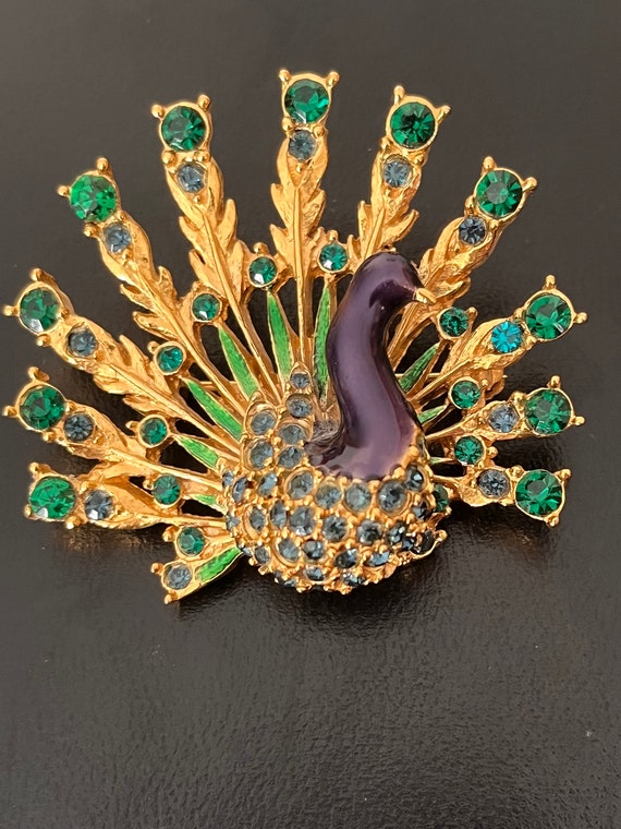 Vintage Sphinx 1960's Signed Peacock Enamel & Cry… - image 2