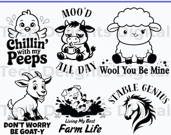 Paquete de archivos SVG de animales de granja divertidos, SVG de vaca sarcástica para Cricut, PNG de cabras con juegos de palabras para sublimación, cerdo adorable, caballo genio de establo, descarga digital