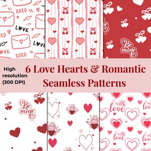 6 Unique Romantic Seamless Pattern Bundle | Best Love and Hearts Aesthetic Designs, Cupid, Bows (Digital Download)