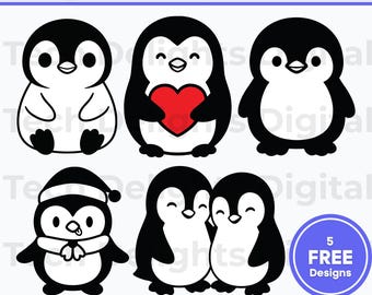 Paquete de archivos SVG de pingüinos kawaii, imágenes prediseñadas de animales lindos para niños para Cricut, diseños PNG de camisetas familiares de invierno, megapack para sublimación, descarga digital instantánea.