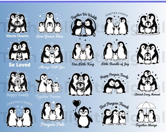 Paquete de archivos SVG de la familia de pingüinos, imágenes PNG de pingüinos bebés para sublimación, diseños de camisetas familiares a juego, decoración para la habitación infantil, descarga instantánea.