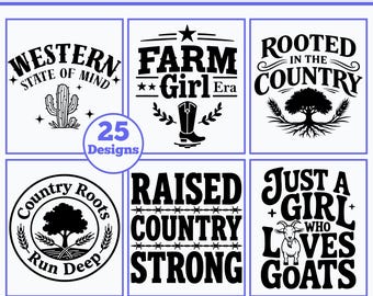 Paquete de archivos SVG de la era de la chica de granja, SVG de chica de campo para Cricut, PNG de frases de granja para sublimación, SVG de mentalidad occidental, descarga instantánea.