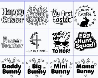 Paquete de 50 archivos SVG cristianos de Pascua, camisetas familiares de conejitos a la moda, diseños de "Él ha resucitado", imágenes PNG para niños de Egg Hunt Squad para sublimación (descarga digital).