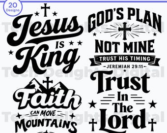 Paquete de archivos SVG de fe cristiana, tipografía de versículos bíblicos religiosos, diseño moderno de camiseta de Jesús Rey, citas bíblicas para Cricut (descarga digital)