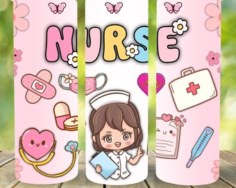 Paquete de envoltorios para vasos de enfermera rosa, diseño médico de sublimación (descarga en PDF, vaso delgado de 20 oz)