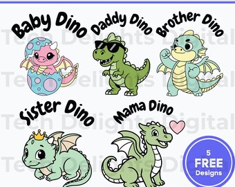 Paquete de archivos SVG de dinosaurios familiares, camisetas a juego para mamá, papá y bebé dinosaurio, imágenes PNG de dinosaurios infantiles para sublimación, megapack de 10 diseños, descarga digital.