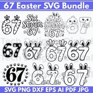 Pode incluir: Um pacote de arte digital em preto e branco com os números 6 e 7 com designs temáticos de Páscoa. Os designs incluem cenouras, orelhas de coelho e pegadas. O texto "67 Easter SVG Bundle" está no topo.
