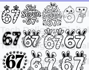 Paquete SVG de Pascua 67, diseño de camiseta de conejito número seis siete, PNG de lindo conejito de primavera para cumpleaños infantiles, archivo único de sublimación para impresión de huevos de Pascua