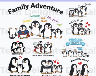 Cute Penguin Family SVG Bundle, Winter Clipart PNG for Sublimation, Kids Reading Time, Adventure Matching Shirts, Instant Digital Download