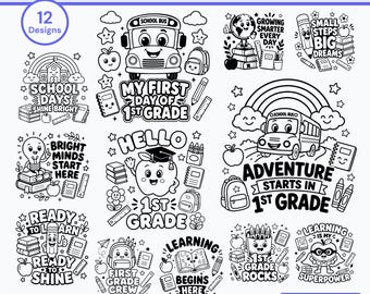 Paquete de archivos SVG para el primer día de 1.er grado / 12 imágenes PNG únicas para camisetas escolares / Archivos de corte para Cricut / Descarga digital para profesores y alumnos / Uso comercial