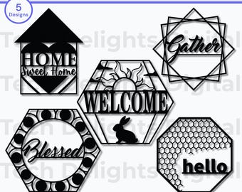 Paquete de archivos SVG de arte mural hexagonal moderno, colgador de puerta SVG para láser, letrero de bienvenida, decoración geométrica para el hogar, archivos listos para Glowforge, descarga digital.