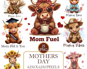 Paquete único de imágenes PNG de mamá vaca de las Tierras Altas, 25 lindas imágenes prediseñadas para el Día de la Madre, diseños de sublimación para mamás, PNG de vaca bebé, estampado para camisetas y vasos