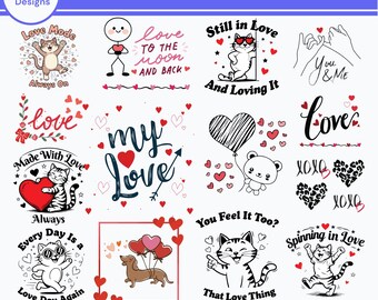 Paquete de archivos SVG de gatos de San Valentín, lindos animales de San Valentín en formato SVG para Cricut, corazones de amor en formato PNG para sublimación, San Valentín para niños, descarga digital instantánea.