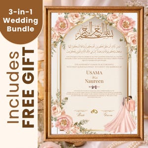 Puede incluir: Un certificado de boda enmarcado con detalles florales y caligrafía árabe. El certificado incluye los nombres Usama y Naureen, y el texto "3-in-1 Wedding Bundle" y "Includes FREE GIFT". El marco es dorado.