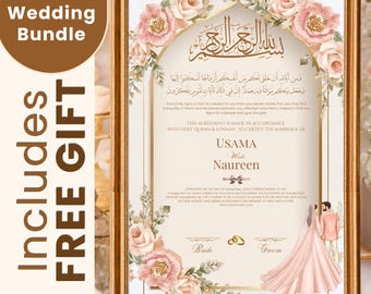 Paquete floral para Nikah Nama, contrato matrimonial islámico editable en Canva, cartel de bienvenida para boda musulmana, confirmación de asistencia, invitación en video animada, conjunto digital