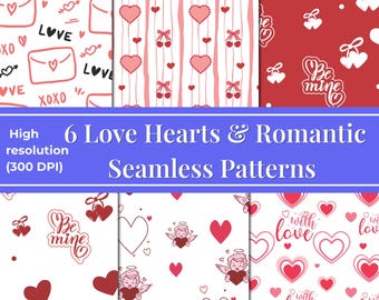 Paquete de patrones sin costuras de San Valentín, papel digital de corazones de amor para tela, archivo sin costuras rojo y rosa para sublimación, patrón romántico en formato PNG, JPG y PDF.