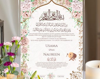 Plantilla editable premium de Nikah Nama con diseño floral, certificado de matrimonio islámico digital de lujo, contrato de Nikkah editable en Canva e imprimible.