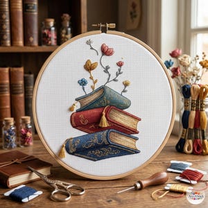 May include: A cross-stitch embroidery hoop featuring a stack of three books with floral accents. The books are in shades of blue and red, with gold tassels. The embroidery is set in a wooden hoop, with a wooden background.