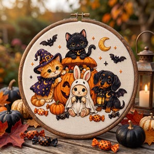 May include: A circular wooden embroidery hoop containing a cross-stitch design of a black cat, an orange tabby cat in a witch hat, a white rabbit in a ghost costume, and a black puppy with bat wings, all gathered around a large orange pumpkin.