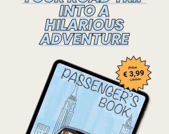 Puede incluir: Anuncio de librería digital. La imagen muestra una tableta que muestra la portada de un libro titulado "Passenger's Book" con una ilustración de un coche. El texto dice: "Transforma tu viaje por carretera en una aventura hilarante."