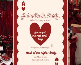 Puede incluir: Un collage de imágenes con temática roja, que incluye una invitación a una fiesta con el texto "Galantine's Party" y un gráfico de corazón. La invitación incluye la fecha, la hora y el código de vestimenta. Otras imágenes muestran globos, postres y una mujer con un vestido rojo.