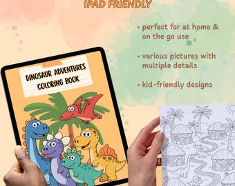 Puede incluir: Libro para colorear de dinosaurios digital e imprimible, compatible con iPad. La imagen muestra una tableta que muestra una colorida ilustración de dinosaurios y una página para colorear impresa con una escena de dinosaurios. El texto incluye "Dinosaur Adventures Coloring Book".