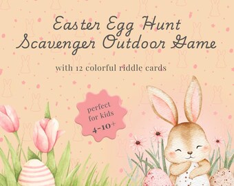 Puede incluir: Ilustración de Pascua con un conejito, huevos y flores. El texto dice "Easter Egg Hunt Scavenger Outdoor Game" y "perfect for kids 4-10+". El fondo es melocotón con siluetas de conejos.