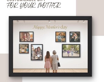 Puede incluir: Una pantalla enmarcada en negro con seis fotos enmarcadas, con las palabras "Happy Mother's Day" en letras doradas. Las palabras "Regalo Personalizable Para Tu Madre" están en la parte superior. Dos mujeres están de pie frente a la pantalla.