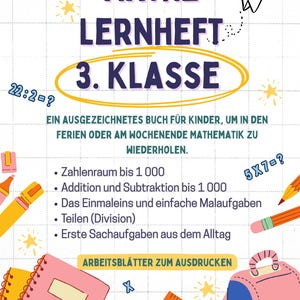 May include: A colorful educational poster with the text "MATHE LERNHEFT 3. KLASSE" and mathematical problems. Includes a pink backpack, pencils, and a ruler. The poster is designed for children to practice math.