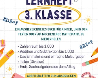 Puede incluir: Un colorido póster educativo con el texto "MATHE LERNHEFT 3. KLASSE" y problemas matemáticos. Incluye una mochila rosa, lápices y una regla. El póster está diseñado para que los niños practiquen matemáticas.