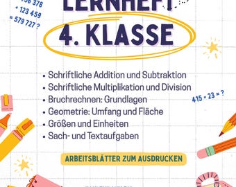 Puede incluir: Un colorido póster educativo para matemáticas de 4º grado, con el texto "MATHE LERNHEFT 4. KLASSE". El póster incluye problemas de matemáticas, formas geométricas y una ilustración de mochila escolar. También se ve el texto "ARBEITSBLÄTTER ZUM AUSDRUCKEN".
