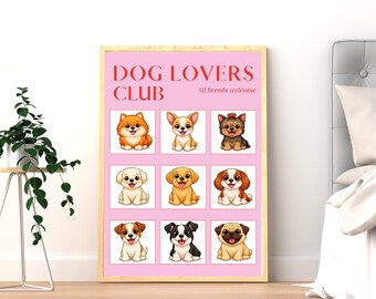 Puede incluir: Un póster rosa enmarcado con las palabras "DOG LOVERS CLUB" y "All breeds welcome". El póster presenta nueve ilustraciones de dibujos animados de diferentes razas de perros en una cuadrícula, cada una en un cuadrado rosa. El marco es de color madera clara.