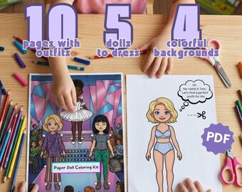Puede incluir: Un kit de colorear de muñecas de papel con el texto "10 páginas con atuendos, 5 muñecas para vestir, 4 fondos coloridos". El kit incluye muñecas y atuendos ilustrados, con el texto "Paper Doll Coloring Kit" y "PDF".
