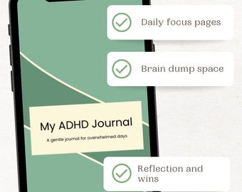 Puede incluir: Una pantalla de teléfono inteligente muestra un diario titulado "My ADHD Journal". La imagen destaca características: páginas de enfoque diario, espacio para volcar ideas, reflexión, victorias y 30 páginas. El texto dice "Estructura fácil para mentes ocupadas."